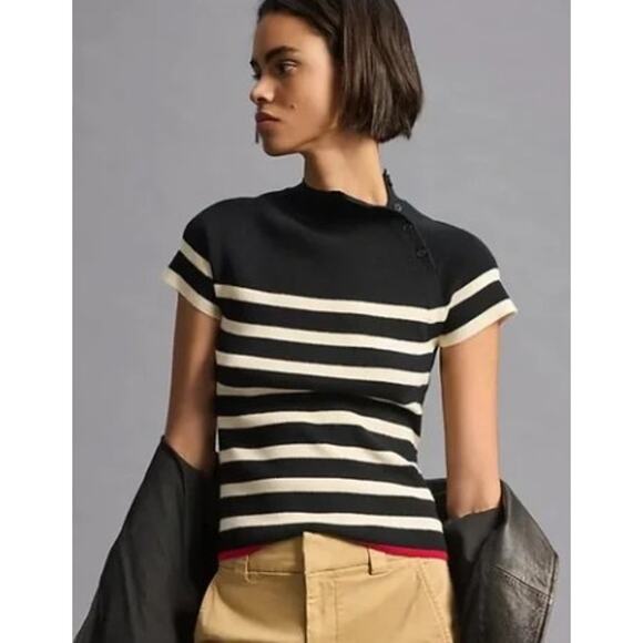 Anthropologie Maeve Black Cream Striped Short Sleeve Mock Neck Sweater Medium - Picture 1 of 6